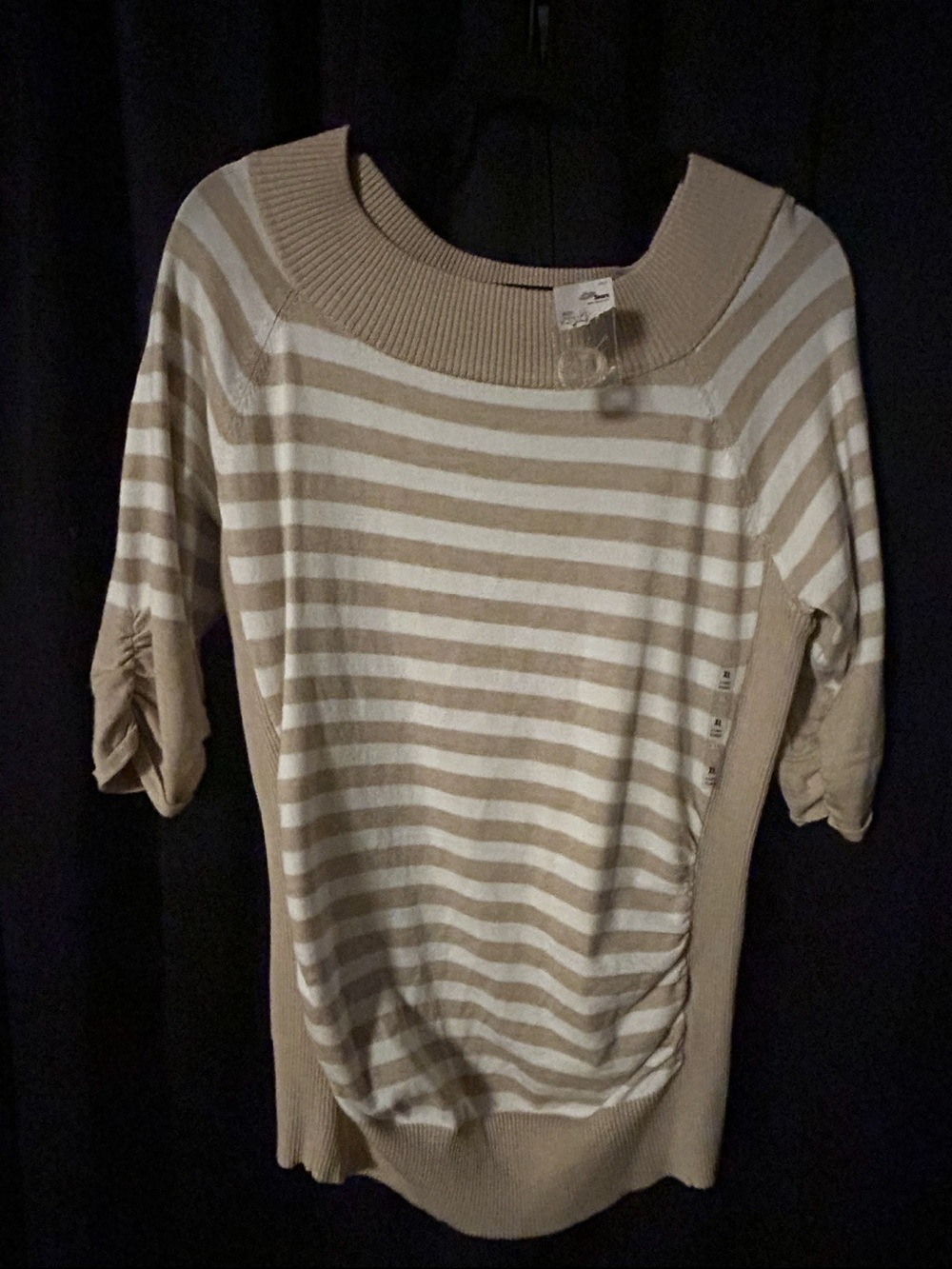 Liv On Tan Ivory Striped Ruched Sleeve Sweater Top XL